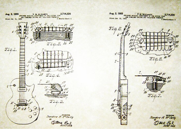 Ted Greeting Card featuring the photograph Les Paul Guitar Patent 1955 by Bill Cannon