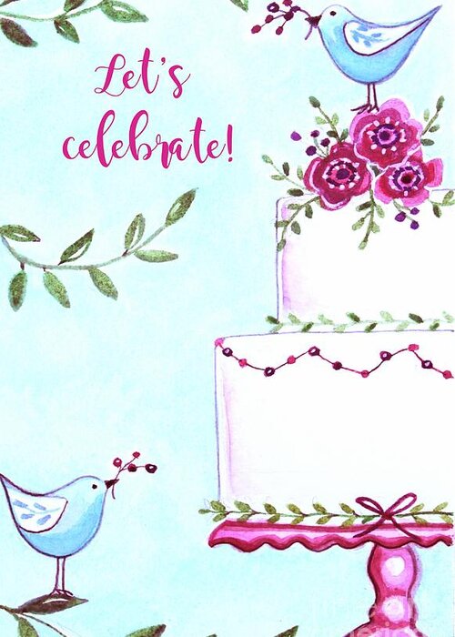 Cake Greeting Card featuring the painting Let's Celebrate With the Birds by Elizabeth Robinette Tyndall