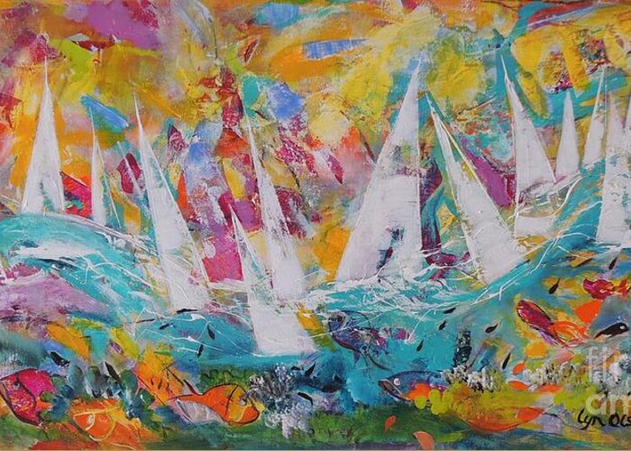 Tropical Greeting Card featuring the painting Lets Go Sailing by Lyn Olsen