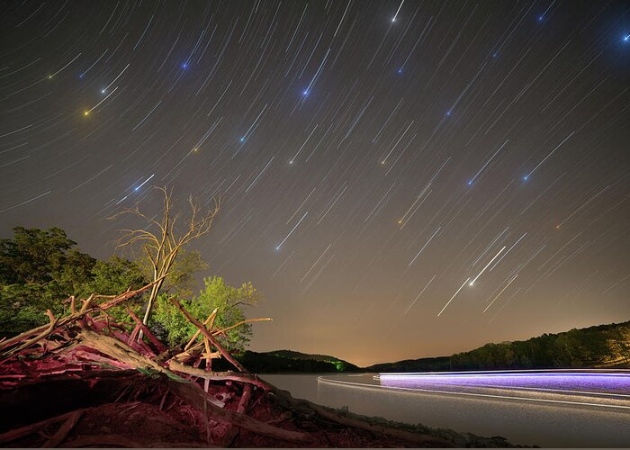 Night Photography Greeting Card featuring the photograph Light Trails At Cricket Creek Marina by Hal Mitzenmacher