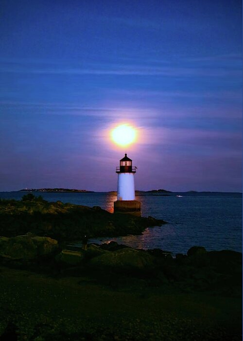 Lighthouse Greeting Card featuring the photograph Lighthouse and Full Moon by Lilia S