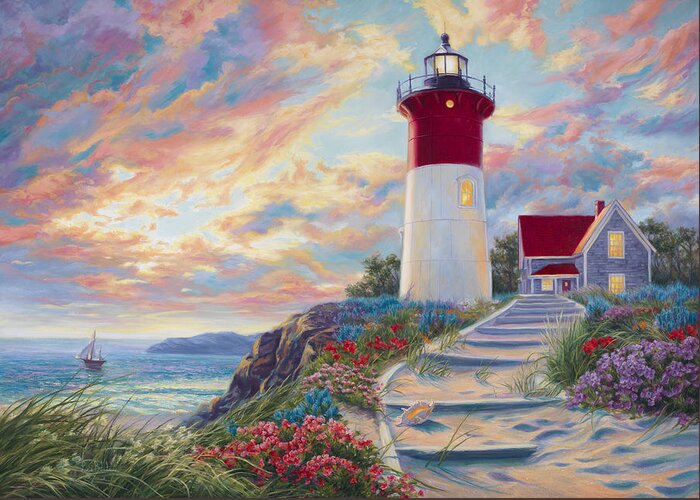 Beach Greeting Card featuring the painting Lighthouse at Sunset by Lucie Bilodeau