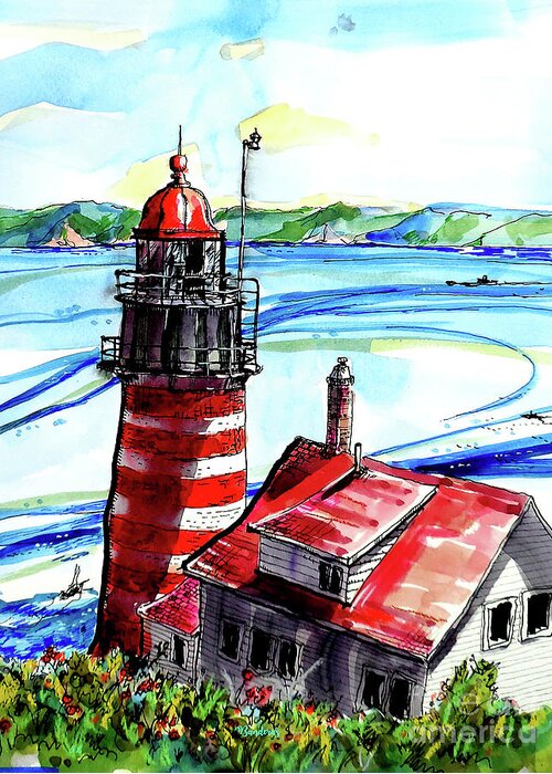 Maine Greeting Card featuring the painting Lighthouse In Maine by Terry Banderas