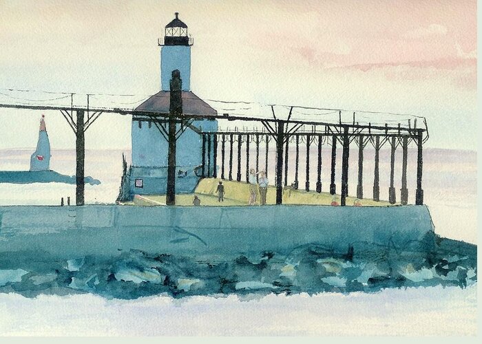 Lighthouse Greeting Card featuring the painting Lighthouse in Michigan City by Lynn Babineau