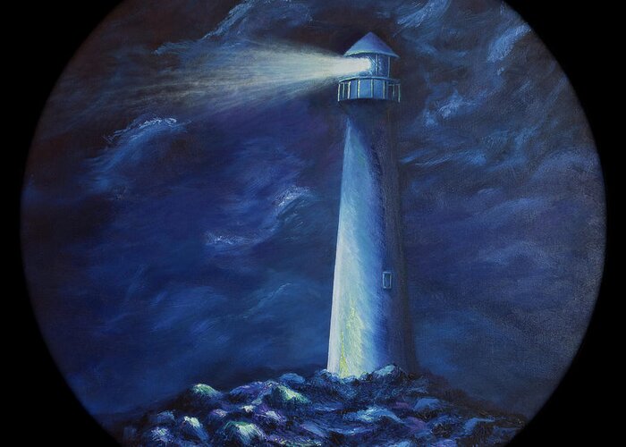Bright Light Greeting Card featuring the painting Lighthouse on Round Canvas by Liesl Walsh