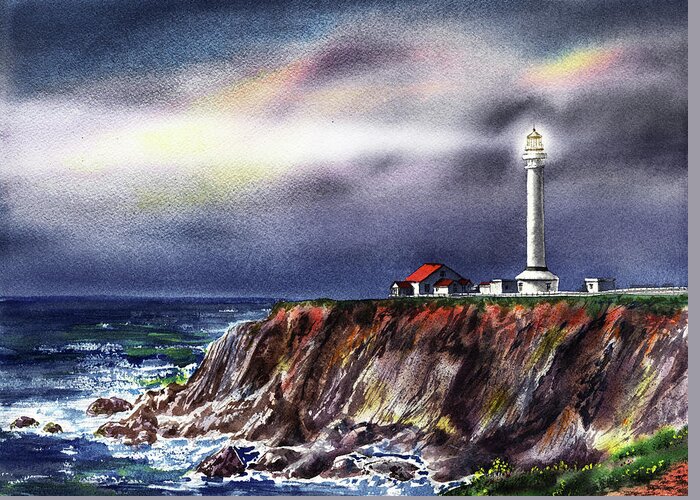 Lighthouse Point Arena At Night Greeting Card featuring the painting Lighthouse Point Arena At Night by Irina Sztukowski