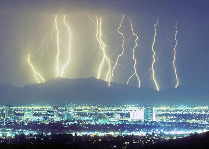 Phoenix Greeting Card featuring the photograph Lightning Over Phoenix Arizona Panorama by James BO Insogna