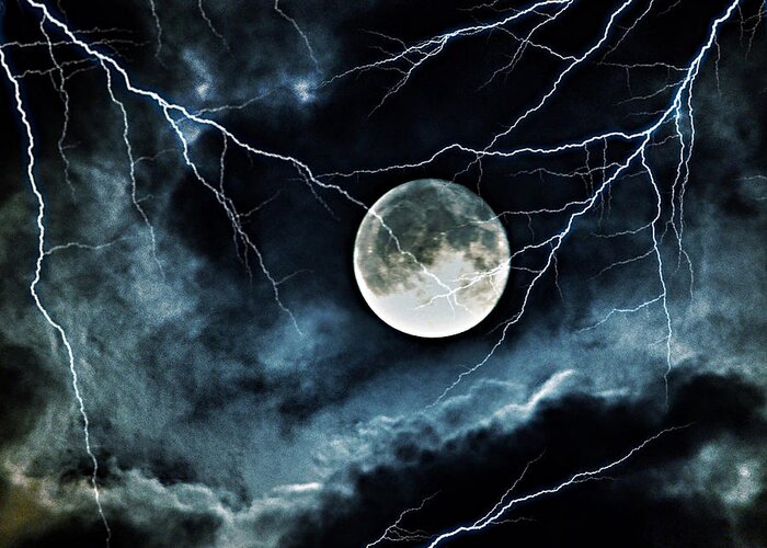 Lightning Sky At Full Moon Greeting Card featuring the photograph Lightning Sky at Full Moon by Marianna Mills