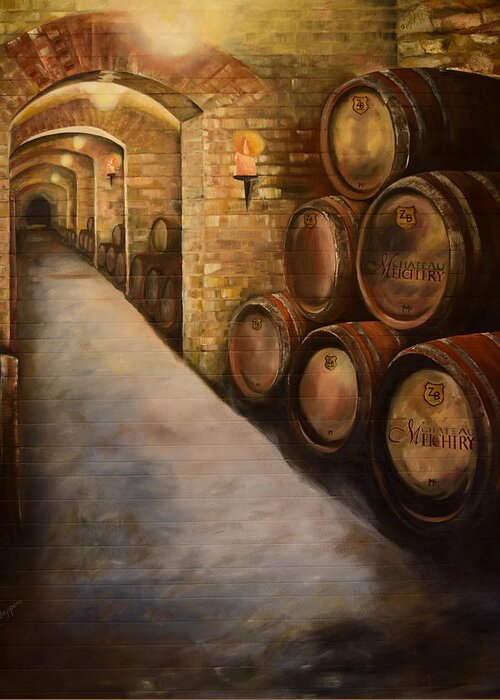 Winery Greeting Card featuring the painting Lights in the Wine Cellar - Chateau Meichtry Vineyard by Jan Dappen