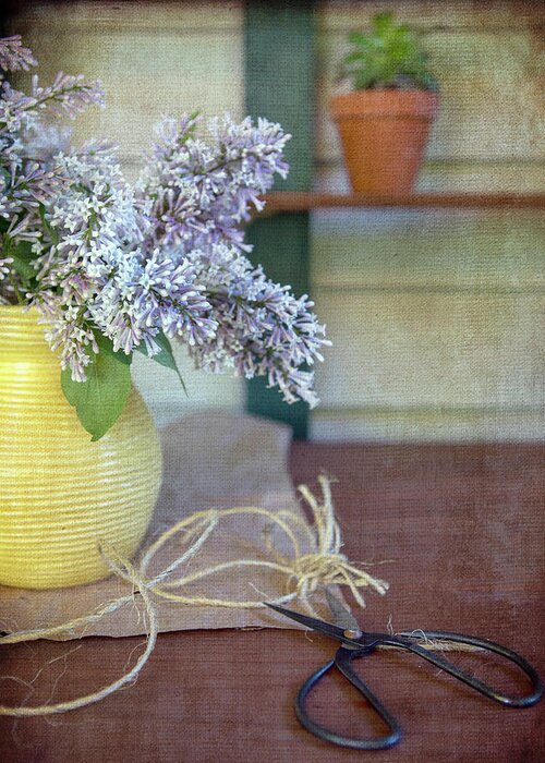 Lilacs Greeting Card featuring the photograph Lilacs in Yellow Vase by Rebecca Cozart