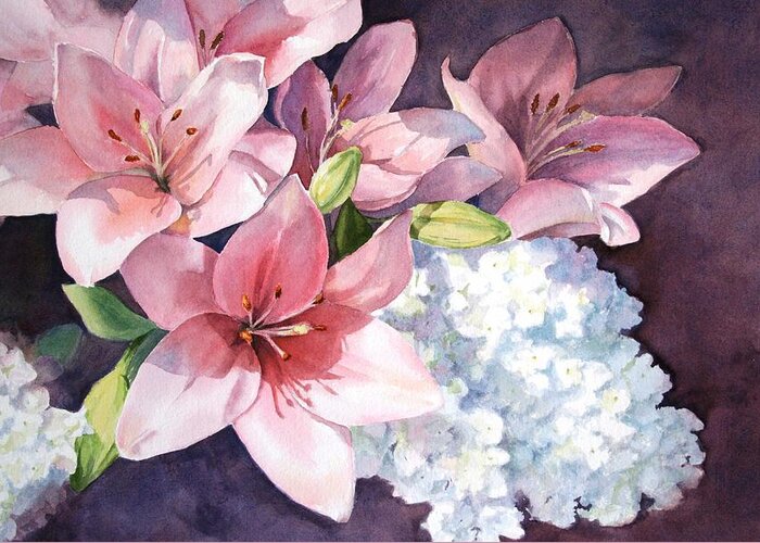 Floral Greeting Card featuring the painting Lilies and Hydrangeas - II by Vikki Bouffard