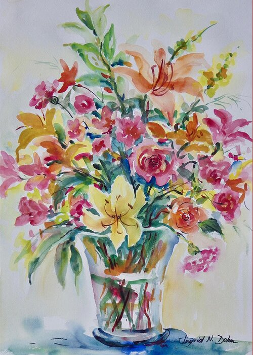 Flowers Greeting Card featuring the painting Lilies and Roses by Ingrid Dohm