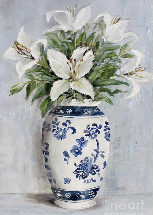 White Greeting Card featuring the painting Lilies in Blue and White Vase by Gail McCormack
