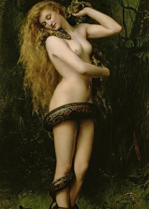 Nude; Female; Snake; Long Hair; Pre-raphaelite; Lilith Greeting Card featuring the painting Lilith by John Collier