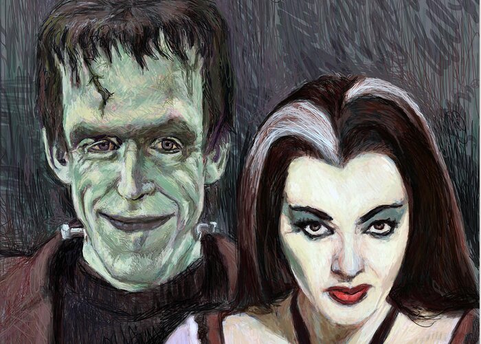 The Munsters Greeting Card featuring the digital art Lily and Herman Munster by Neil Feigeles