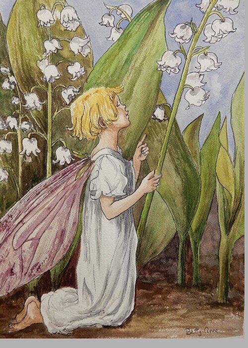Lily Of The Valley Flowers Greeting Card featuring the painting Lily of the Valley Fairy After Cicely Mary Barker by Betty-Anne McDonald