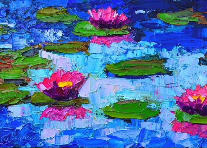 Lilies Greeting Card featuring the painting Lily Pond Impression - Pink Waterlilies by Ana Maria Edulescu