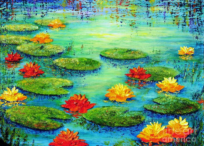Lily Greeting Card featuring the painting Lily Pond by Teresa Wegrzyn