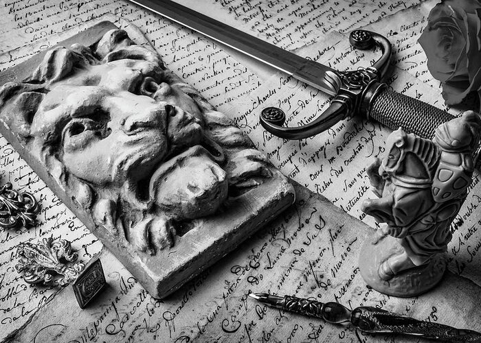 Lion Greeting Card featuring the photograph Lion And Dagger In Black And White by Garry Gay