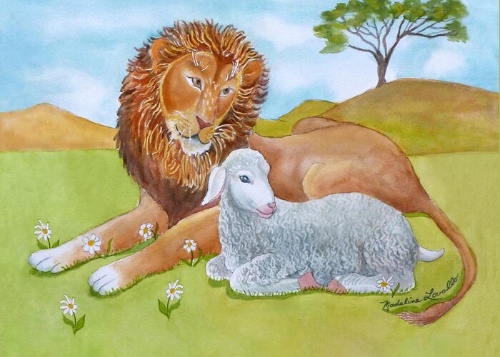 Lion Greeting Card featuring the painting Lion and Lamb with Daises by Madeline Lovallo