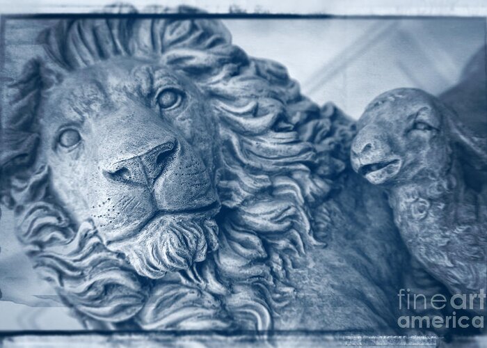 Lion And Lamb Greeting Card featuring the photograph Lion and the Lamb - Monochrome Blue by Ella Kaye Dickey