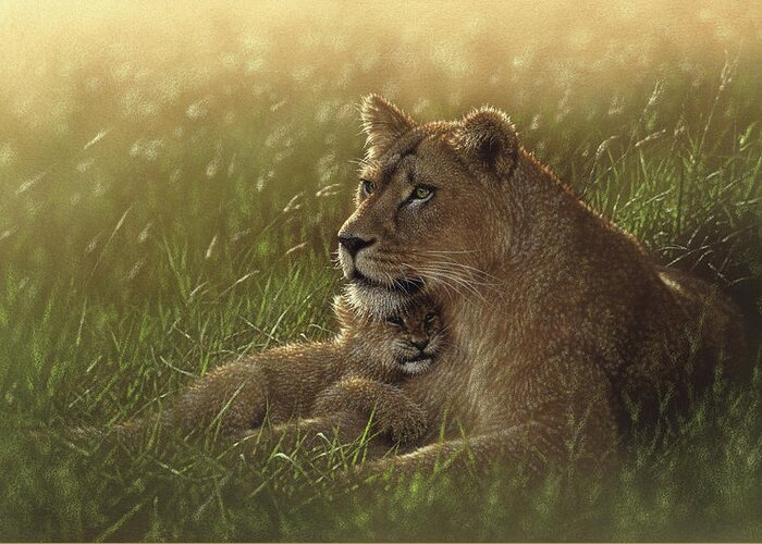 Lion Art Greeting Card featuring the painting Lioness and Cub - Safe Haven by Collin Bogle