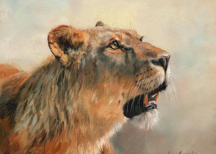 Lioness Greeting Card featuring the painting Lioness Portrait 2 by David Stribbling
