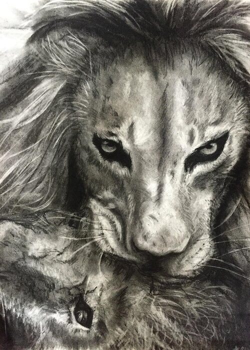 Lion Greeting Card featuring the drawing Lion's World by Michelle Pier