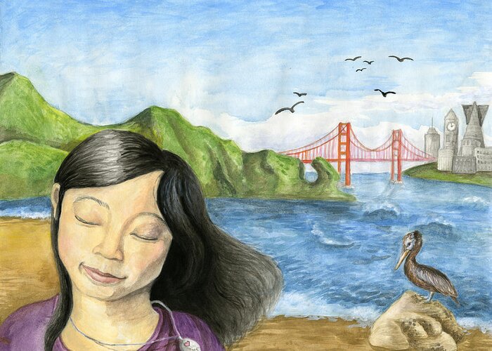 San Francisco Golden Gate Bridge City Buildings Girl Pelican Bird Rock Bay Ocean Waves California Hills Marin Headlands Necklace Birds Greeting Card featuring the painting Listen to the Bay by Katherine Wu 9th grade by California Coastal Commission