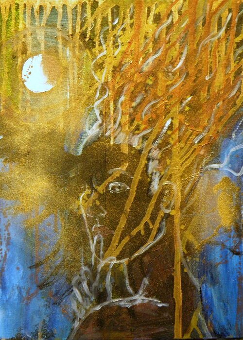 Moon Surreal Expressionistic Colours Blue Orange White Gold Red Yellow Black Process Girl Hair Eyes Nose Mouth Ears Hand Fingers Shoulder Greeting Card featuring the painting Listen To The Moon by Ida Eriksen