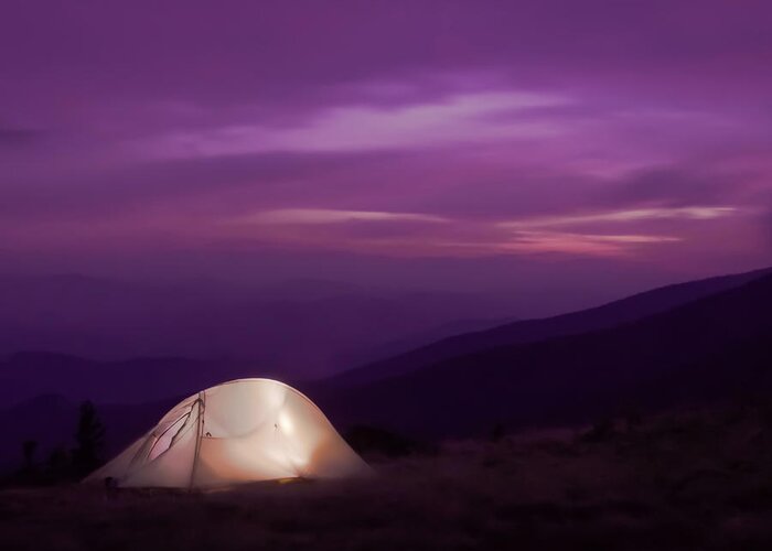 Adventure Greeting Card featuring the photograph Lit up tent at Sunset by Kelly VanDellen