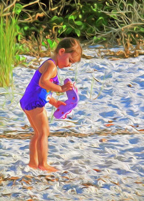 Child Greeting Card featuring the photograph Little Beach Girl with Flip Flops by Ginger Wakem