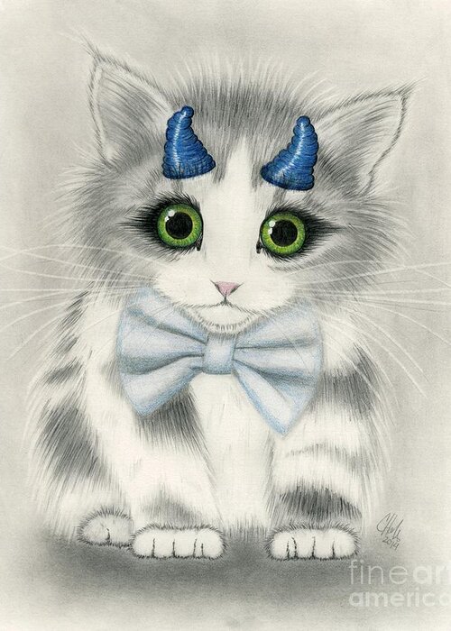 Cute Kitten Greeting Card featuring the drawing Little Blue Horns - Devil Kitten by Carrie Hawks