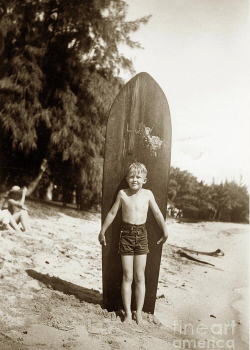 Little Boy Greeting Card featuring the photograph Little boy with Wooden Surfboard Circa 1960 by Monterey County Historical Society