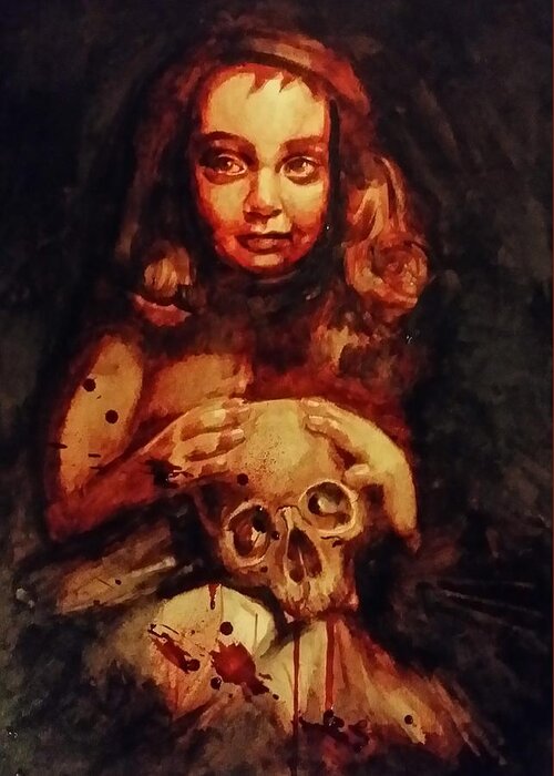 Child Greeting Card featuring the painting Little Girl With A Skull by Ryan Almighty