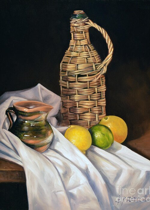 Wicker-bottle Greeting Card featuring the painting Little Green Jug by Ricardo Chavez-Mendez