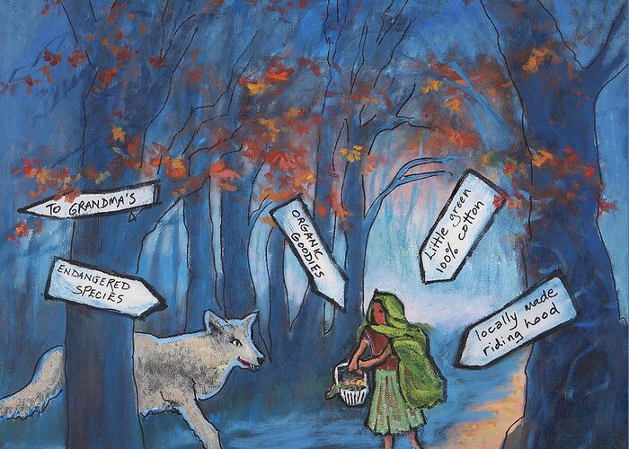 Fairy Tales Greeting Card featuring the painting Little Green Riding Hood by Holly Stone