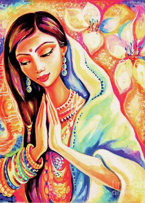 Praying Woman Greeting Card featuring the painting Little Himalayan Pray by Eva Campbell