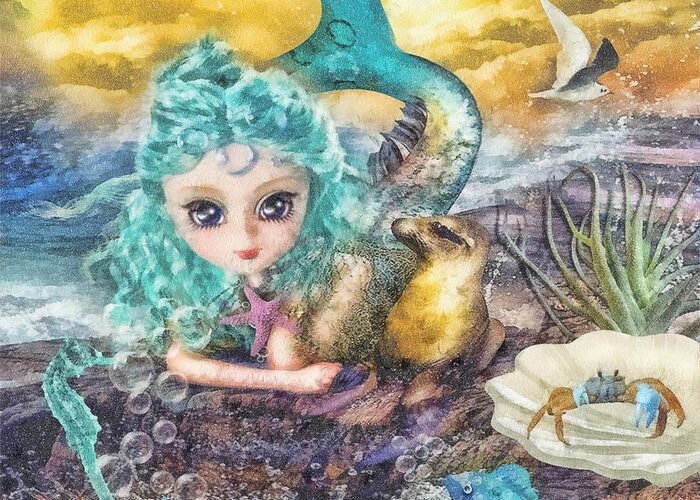 Little Mermaid Greeting Card featuring the mixed media Little Mermaid by Mo T