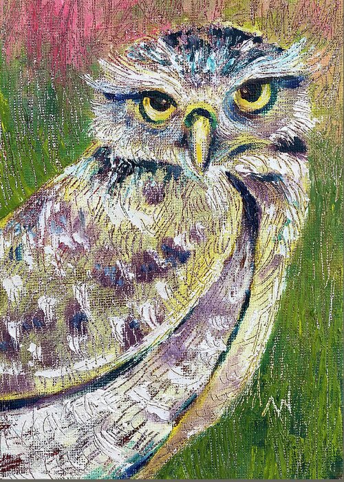 Owl Greeting Card featuring the painting Little Owl by AnneMarie Welsh