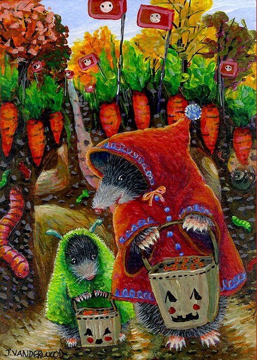 Mole Greeting Card featuring the painting Little Red Riding Mole and Little Green Monster Mole by Jacquelin L Vanderwood Westerman