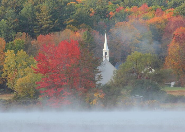New Hampshire Greeting Card featuring the photograph Little White Church Autumn Fog by John Burk