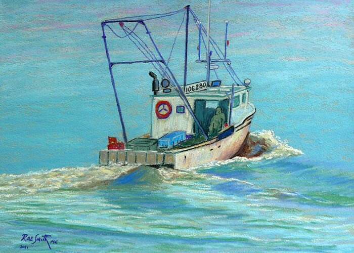Lobster Greeting Card featuring the pastel Lobster Boat off the cottage by Rae Smith PSC