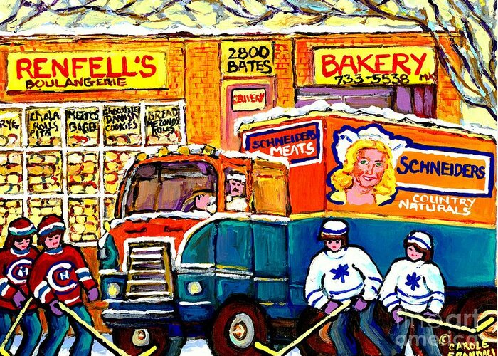 Montreal Greeting Card featuring the painting Local Kosher Bake Shop Montreal Memories Hockey Art Winter Scene Deli Truck Canadian Art C Spandau  by Carole Spandau