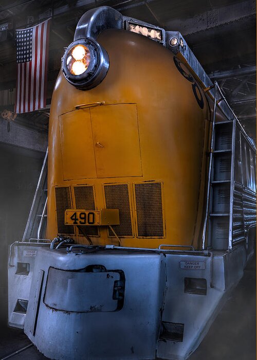 315 490 Locomotive Commercial Industrial Age Train Railroad Rail Engine Power Powerful Majestic Color Vertical Tall American Flag America Us Usa B&o Baltimore Yellow Orange Blue Gray Chrome Red White Blue Smooth Streamline Steam Headlight Md Maryland Indoors Shop Steel Dark Steve Steven Maxx Photography Photo Photographs Greeting Card featuring the photograph Locomotive by Steven Maxx