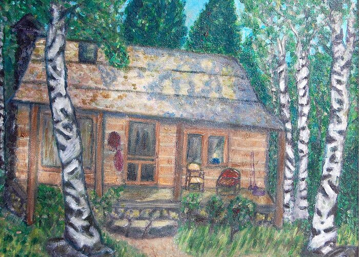 Lake Moulton Greeting Card featuring the painting Log Cabin on Lake Moulton by Carolyn Donnell