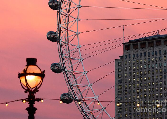 London Eye Greeting Card featuring the photograph London Eye and Shell Centre Building at Sunset by James Brunker