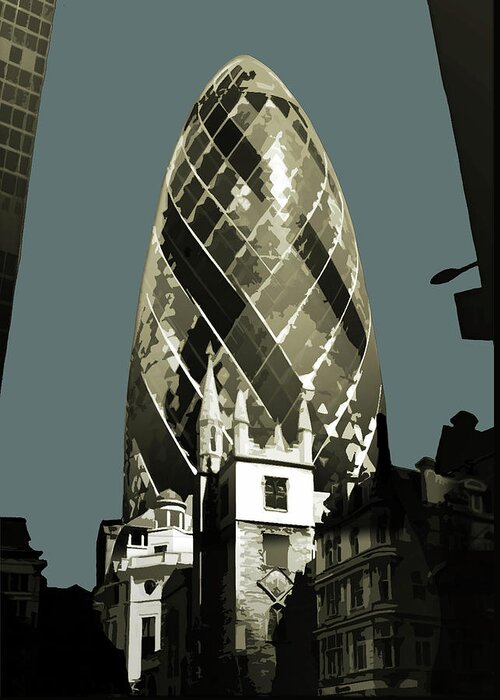 Wheel Greeting Card featuring the painting London - Gherkin - Soft Blue Greys by Big Fat Arts