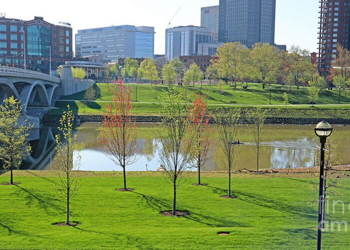 Lone Kayaker Greeting Card featuring the photograph Lone Kayaker on Scioto River Downtown Columbus 4403 by Jack Schultz