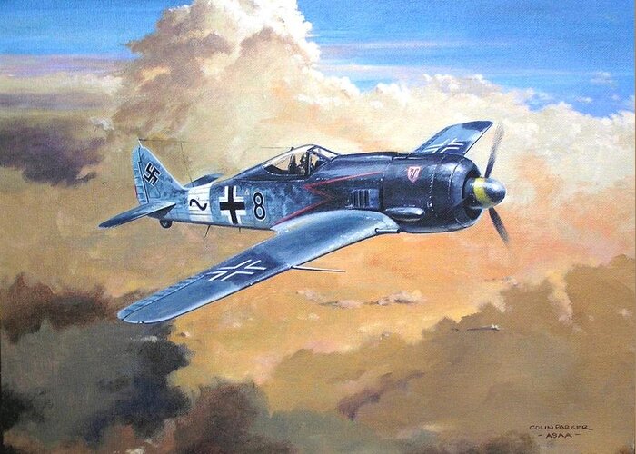 Aviation Art Greeting Card featuring the painting 'Lone Warrior FW190' by Colin Parker